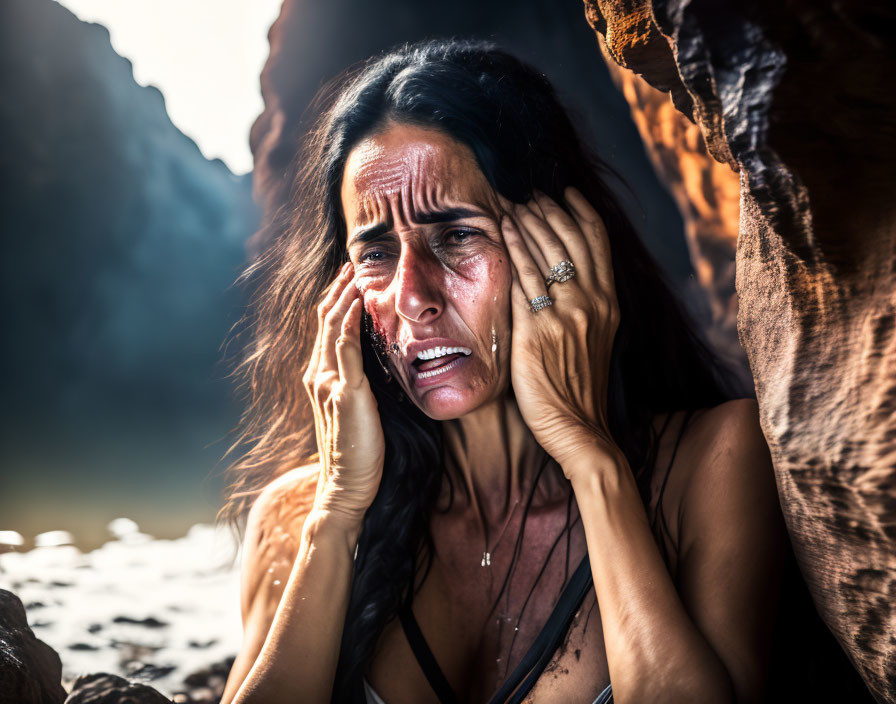 Distressed woman with tears, holding head in rocky cave setting