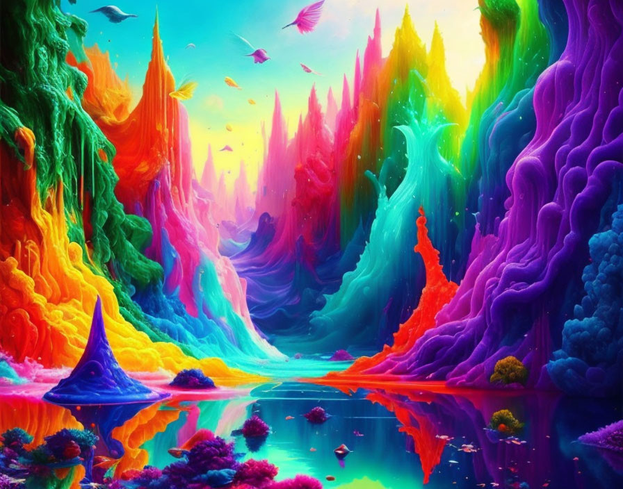 Colorful fantasy landscape with mountains, lake, flora, and birds