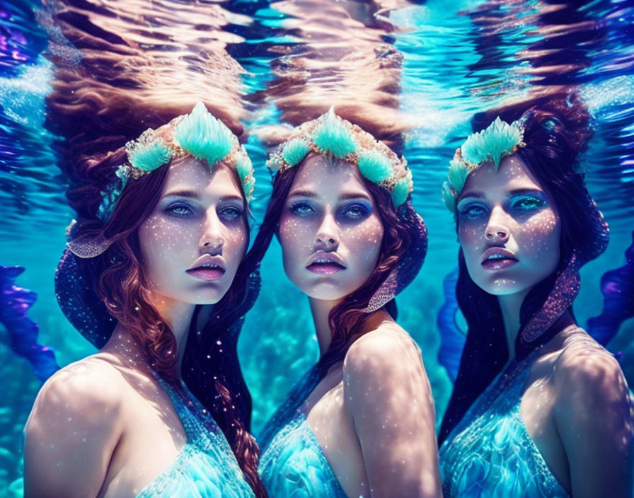 Underwater photo: Three women in turquoise dresses with headpieces, resembling mermaids, hair flowing upwards