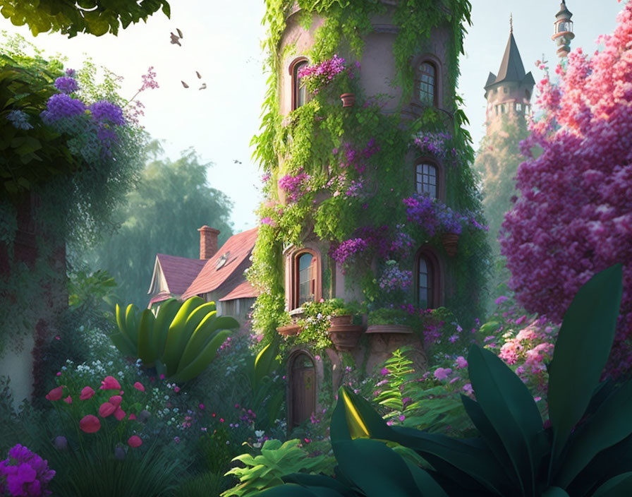 Enchanting fairytale garden with stone tower, cottage, and castle.