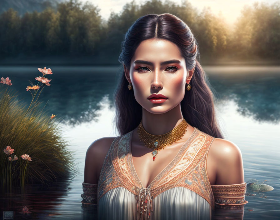 Digital artwork: Elegant woman in nature with ornate jewelry