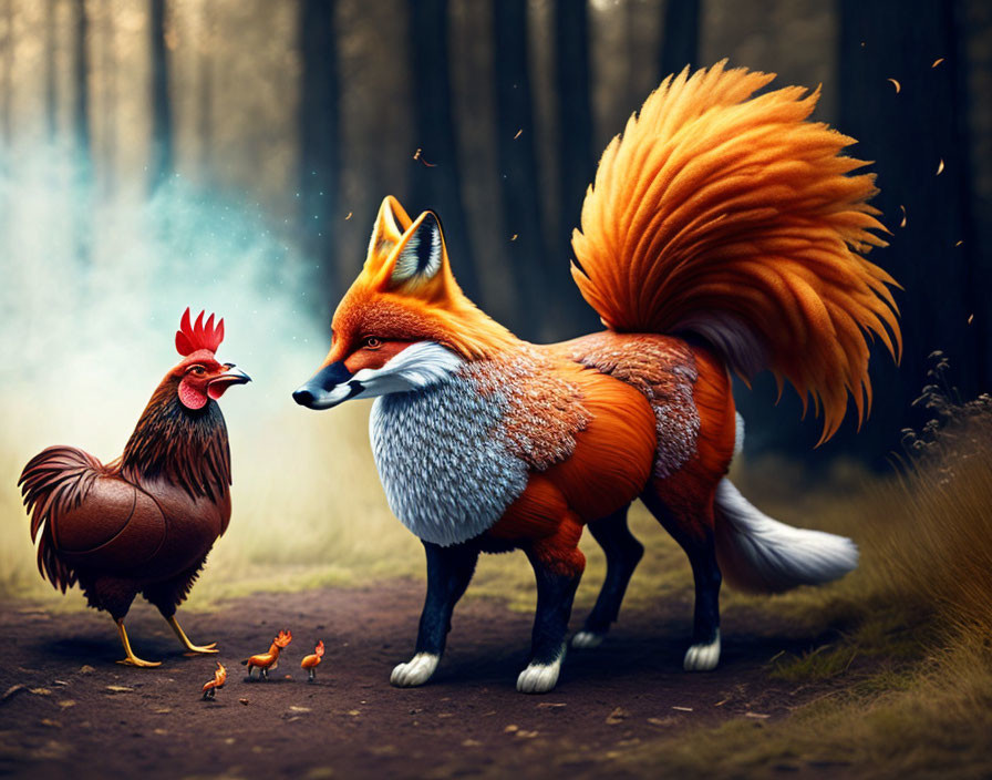 Illustrated fox and rooster in mystical forest with miniature creatures