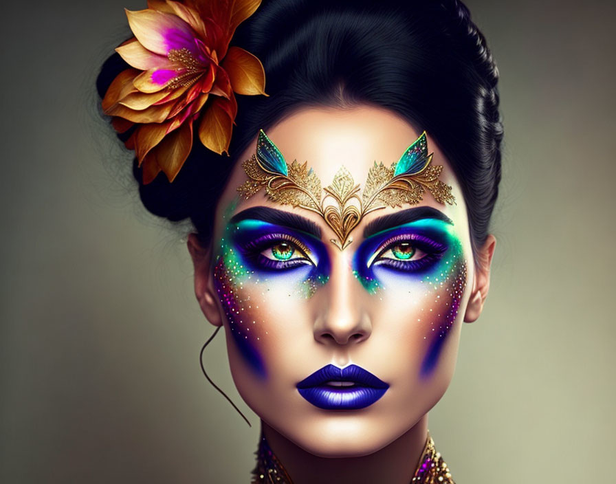 Woman with Blue Tones Makeup and Gold Leaf Accents, Orange Flower in Hair