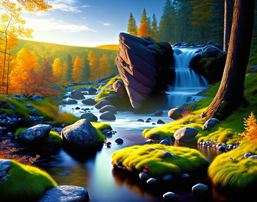 Colorful Autumn Forest Scene with Waterfall and River