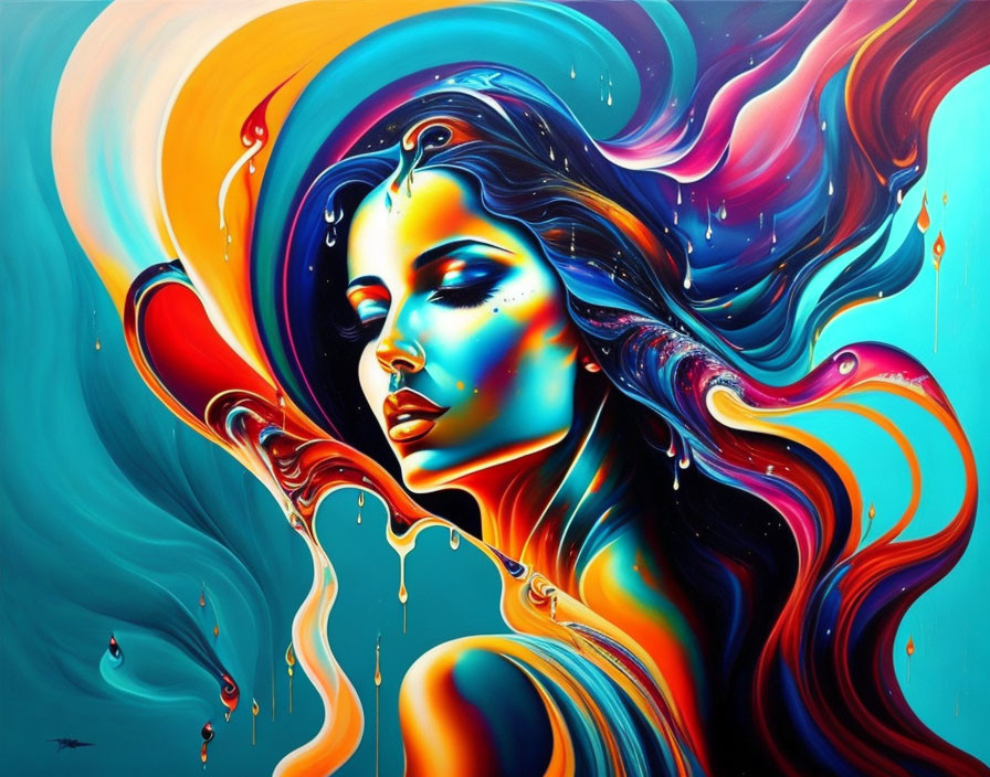 Colorful Abstract Art: Woman with Flowing Hair in Blue, Orange, Yellow