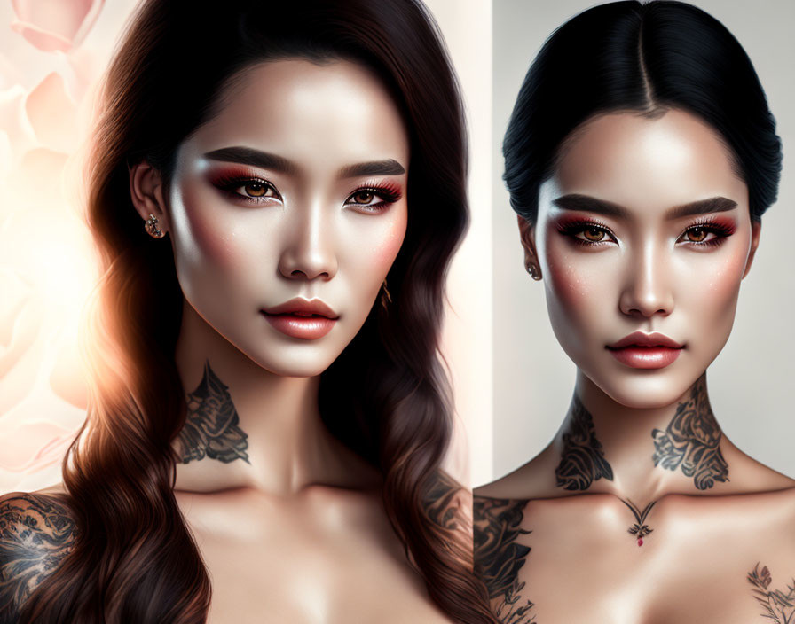 Digital portrait of woman with striking make-up, tattoos, and elegant hairstyle