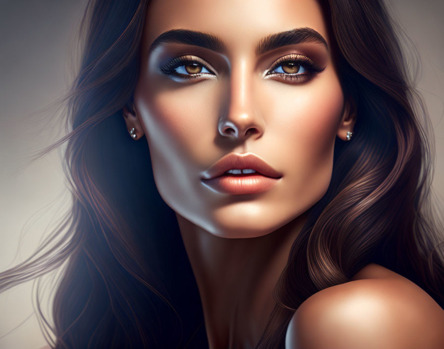 Captivating Woman Illustration: Brown Eyes, Flawless Skin, Long Hair