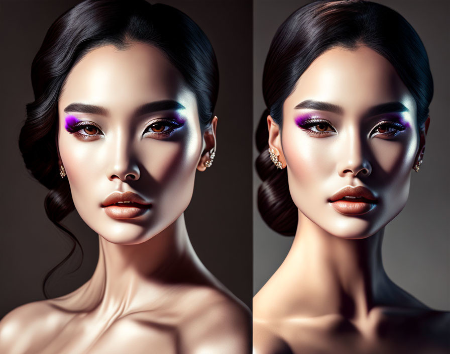 Woman with flawless skin and colorful makeup in two poses on dark background