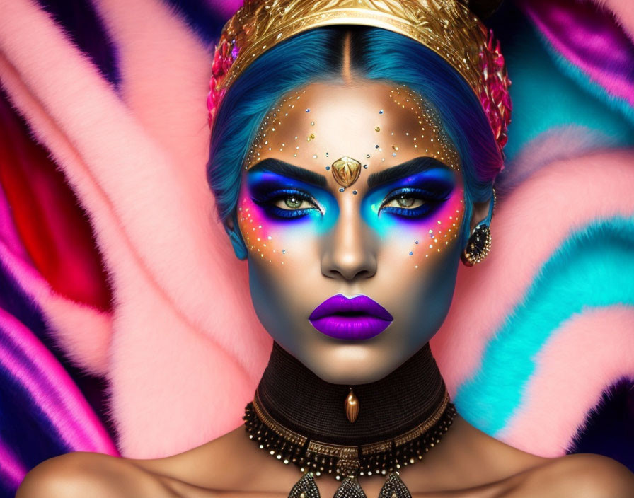 Colorful portrait of woman with blue skin, dramatic makeup, golden crown, and exotic jewelry