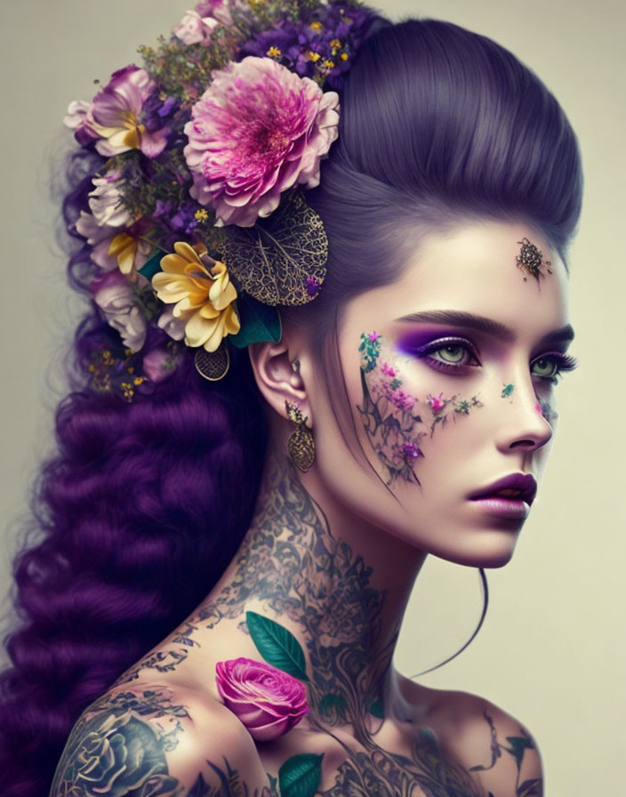 Portrait of woman with purple hair, floral adornments, tattoos, and vibrant makeup