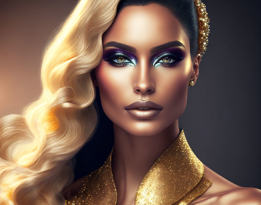 Woman with Dramatic Makeup, Golden Accessories, Blonde Hair Illustration