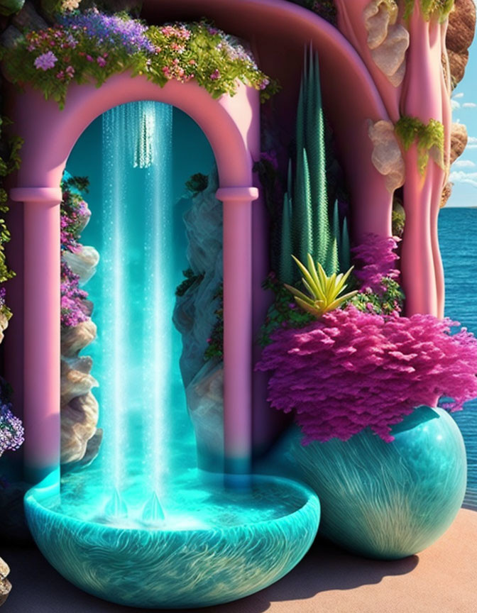 Fantasy waterfall art scene with pink pillars and lush plants