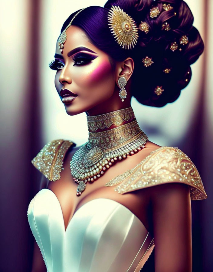 Illustrated Woman with Elegant Updo and Golden Jewelry