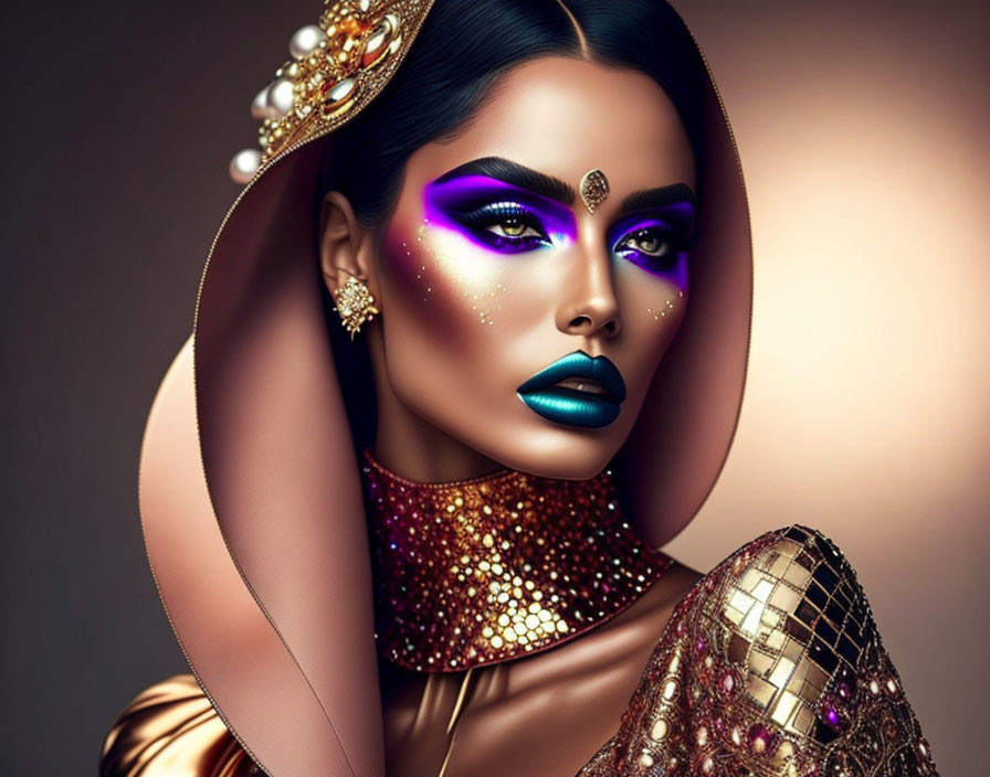 Woman with Purple Eyeshadow and Blue Lips in Digital Artwork