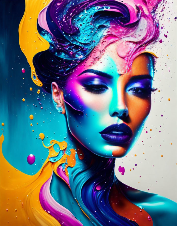 Colorful digital art portrait of a woman with swirling neon paint in blues, purples, and