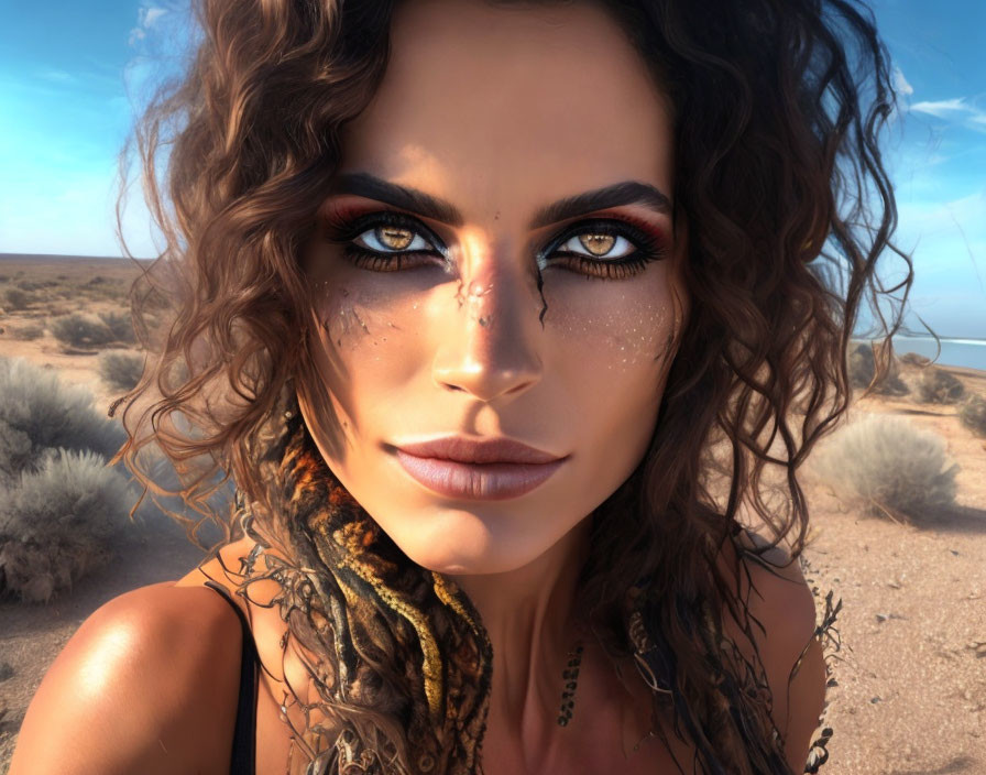 Digital portrait of woman with striking makeup, wavy hair, desert background