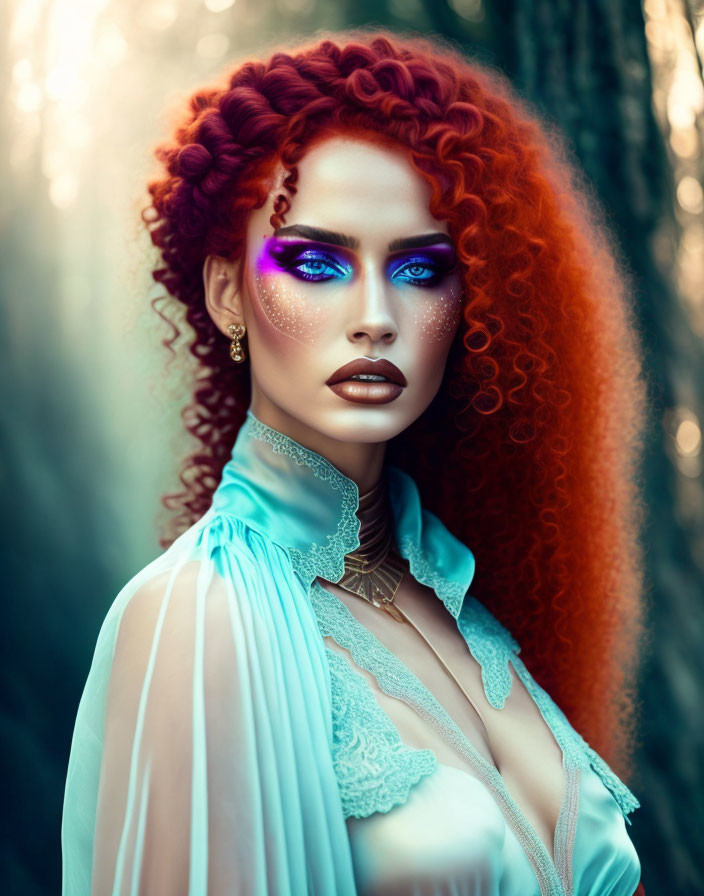 Vibrant red-haired woman with blue eyes in purple eyeshadow wearing teal blouse