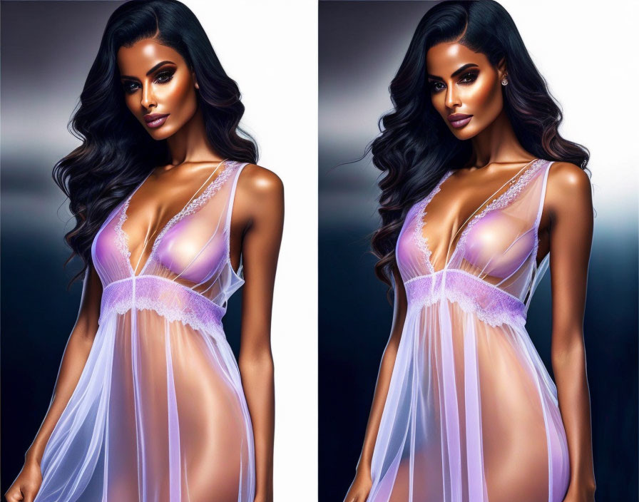 Digital artwork featuring woman in purple lingerie dress