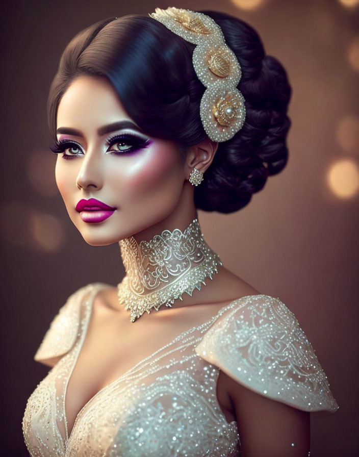 Sophisticated woman with gold accessories and pearl dress.