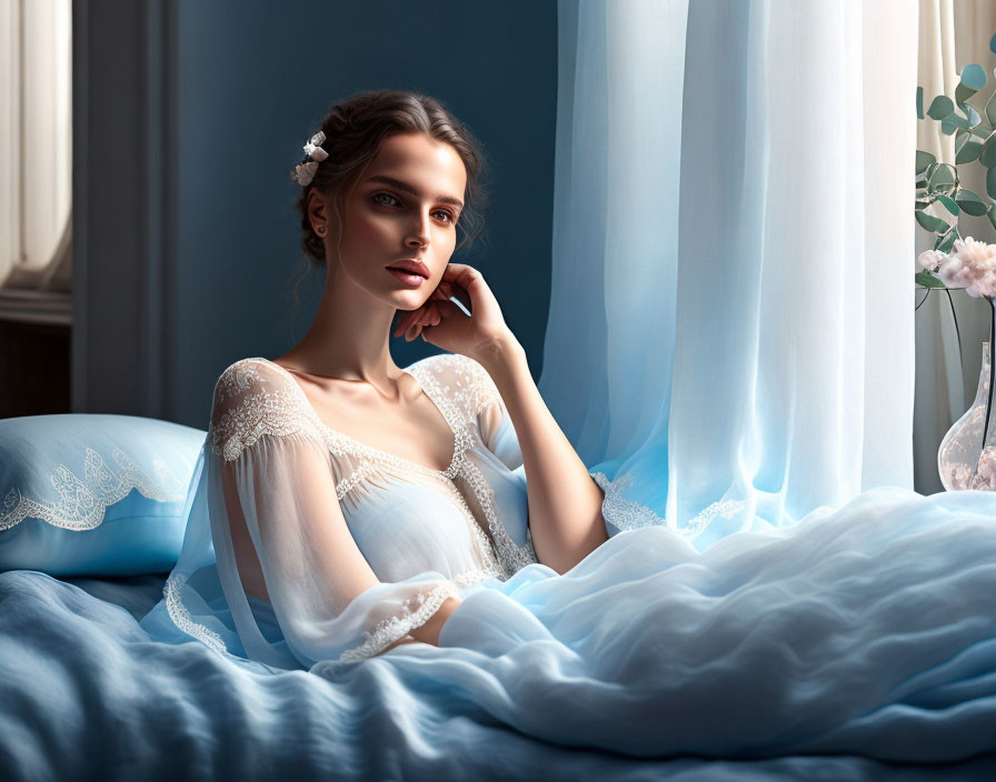 Woman in White Dress Sitting by Window with Flowers and Blue Tones