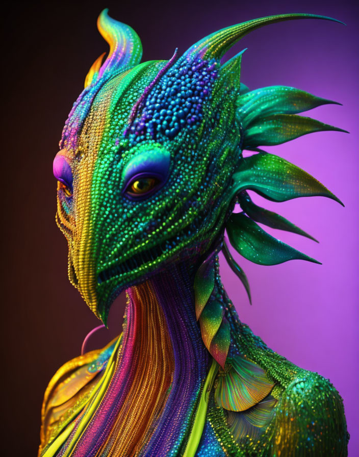 Colorful dragon-like creature with iridescent scales and frills on purple background