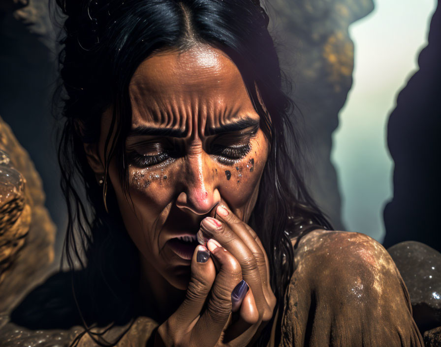 Distressed woman with tear-streaked makeup against dark background