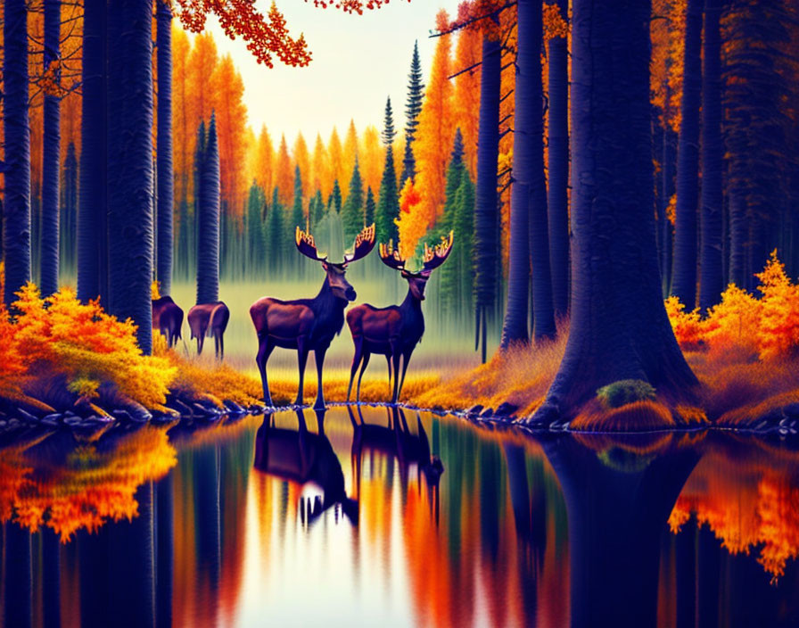 Tranquil autumn landscape with deer by reflective lake