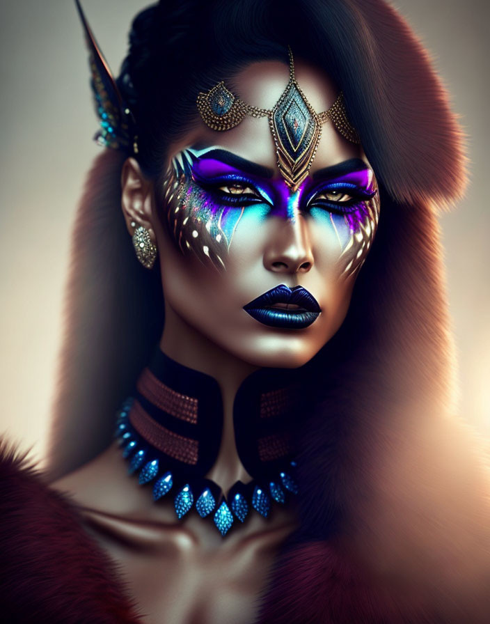 Elaborate Blues and Purples Makeup with Ornate Headpiece