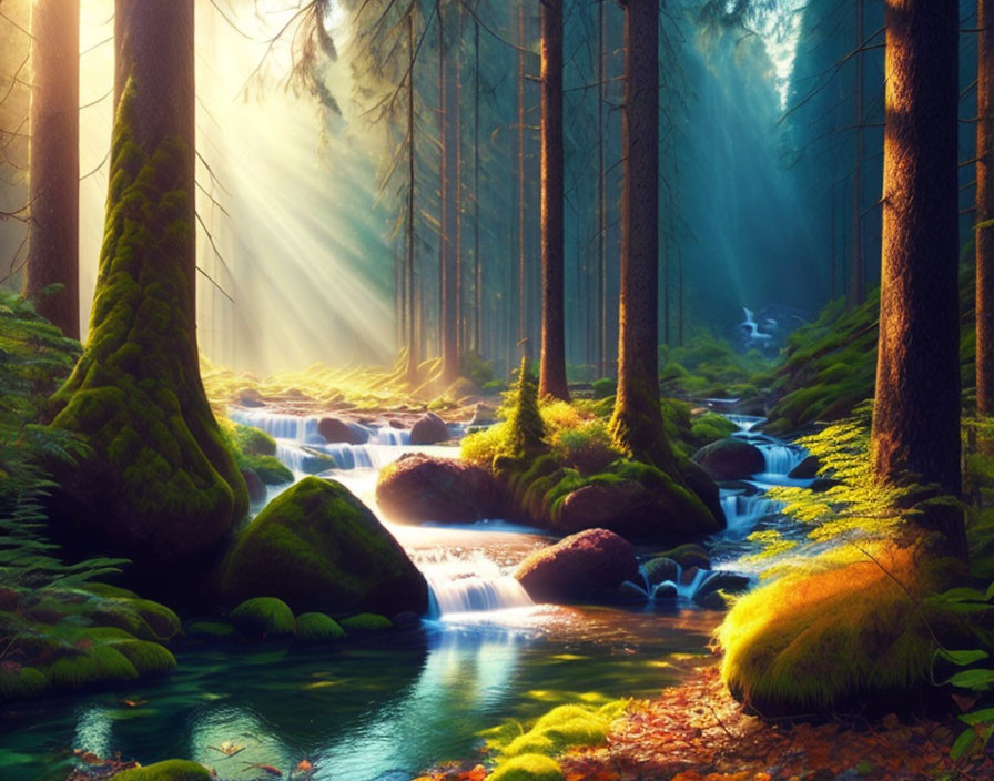 Verdant forest with moss-covered rocks and stream in sunlight