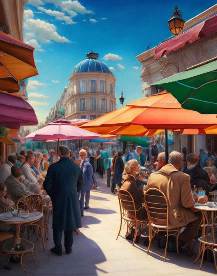 Vibrant European street cafe scene with colorful umbrellas and classic architecture