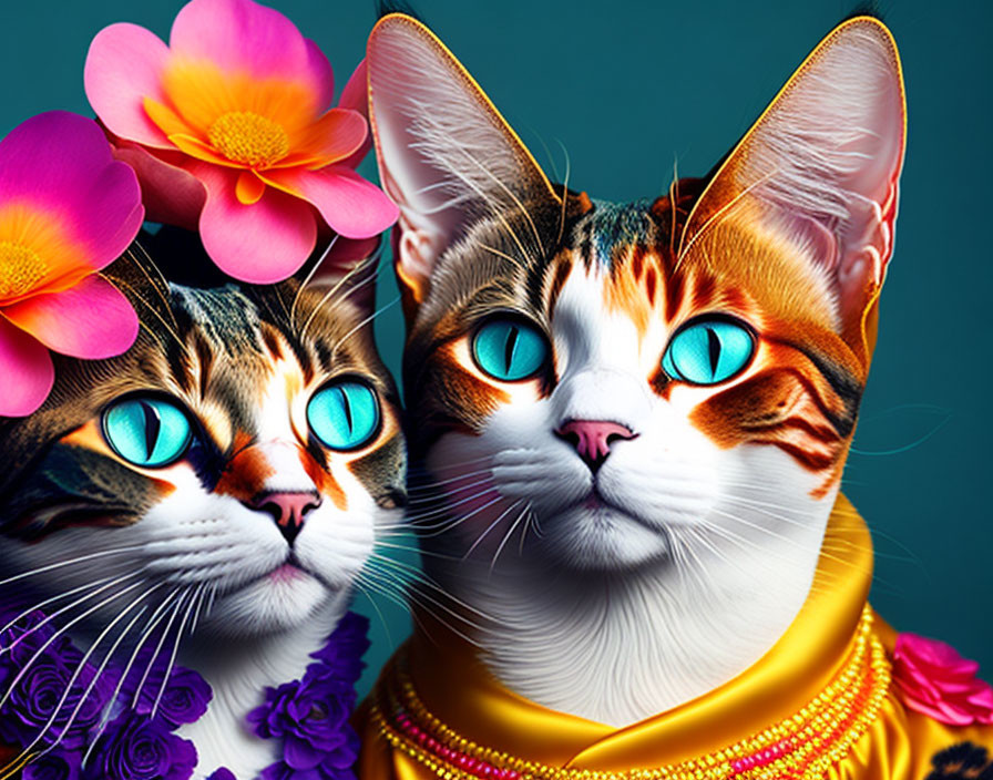 Colorful Flowers Adorn Two Cats with Bright Blue Eyes on Teal Background