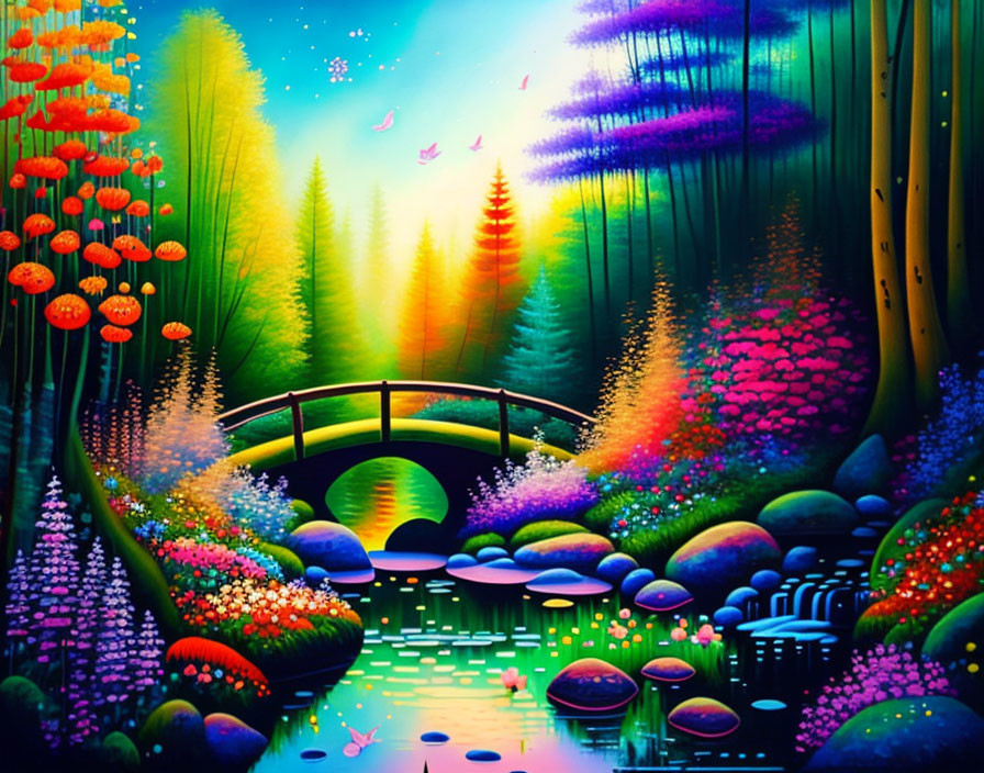 Colorful landscape with bridge over stream and glowing lights