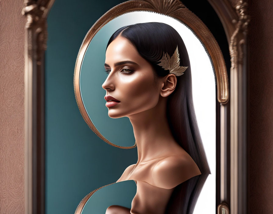 Sleek-haired woman with gold leaf accessory reflected in ornate oval mirror