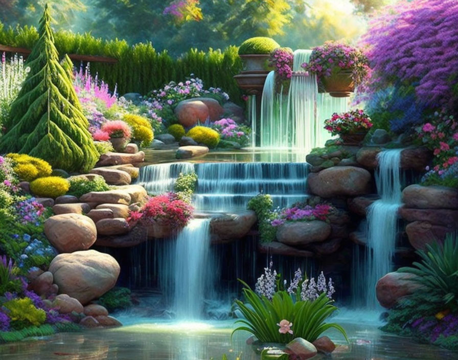 Lush garden with cascading waterfall and colorful flowers