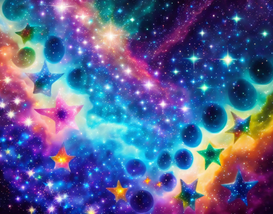 Colorful Space Scene with Stars and Nebulae in Various Shapes