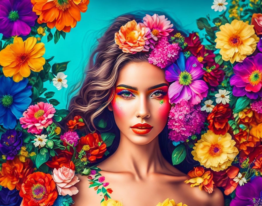 Woman with Floral Makeup Surrounded by Vibrant Flowers