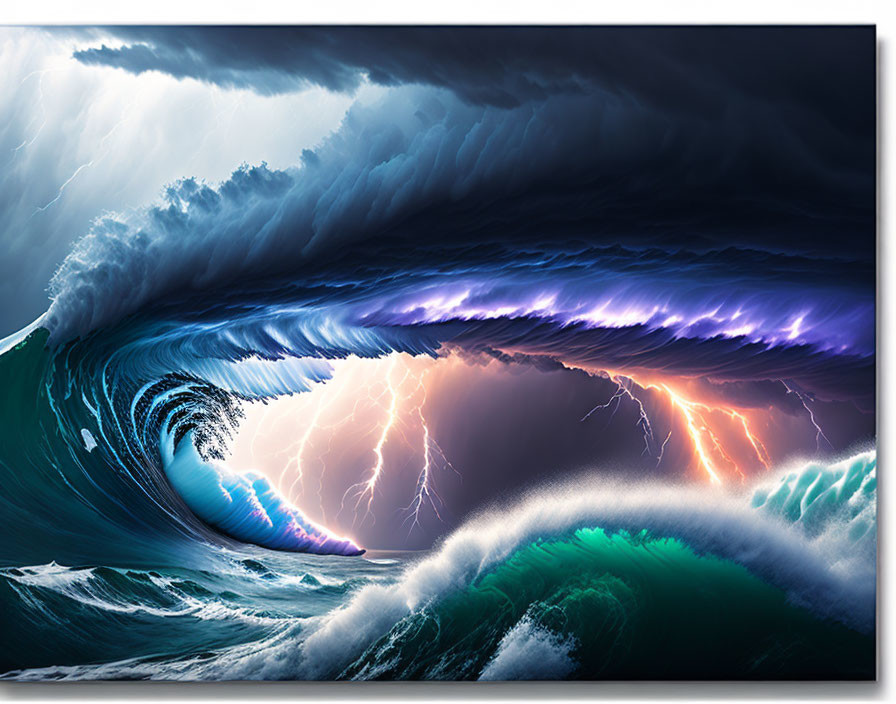 Stormy Ocean Scene with Towering Waves and Lightning Bolts