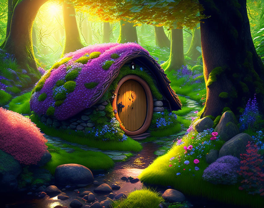 Enchanting woodland scene with cozy hobbit house, purple flowers, and lush greenery