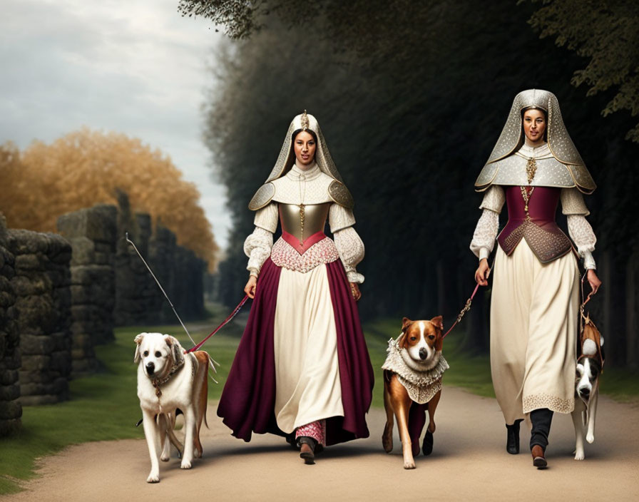 Medieval women in armor walking dogs on cobblestone path