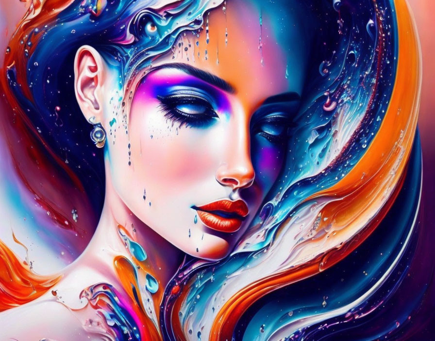 Colorful digital artwork: Woman with flowing hair and striking makeup