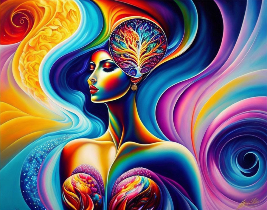 Colorful Psychedelic Portrait with Swirling Patterns and Brain Tree Design