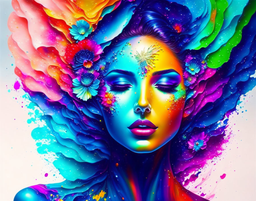 Colorful digital artwork: Woman with flowing hair & flowers