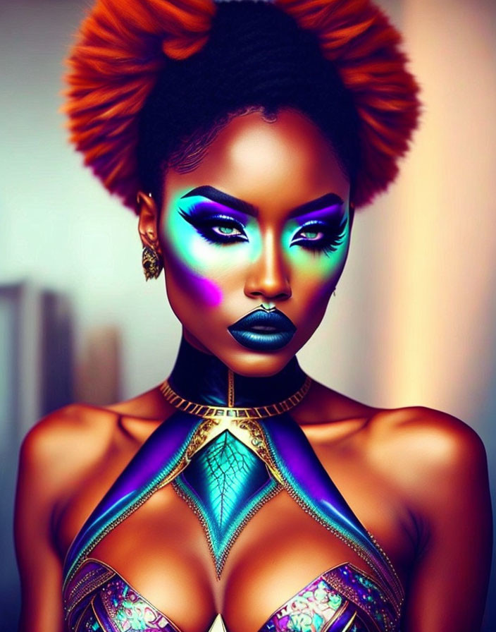 Vibrant blue makeup on woman with orange hair and futuristic outfit