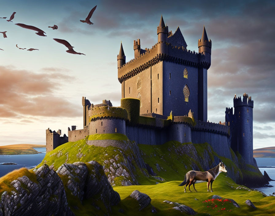 Medieval castle on cliff with wolf and birds at sunset