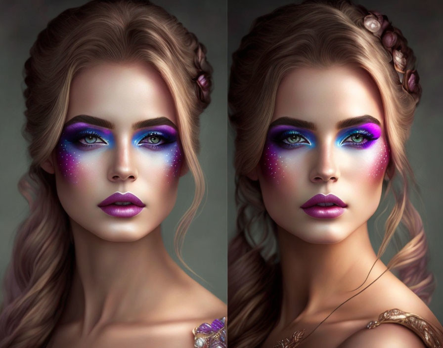 Digital artwork: Woman with galaxy-themed makeup, vibrant blue and purple tones, styled hair with braids