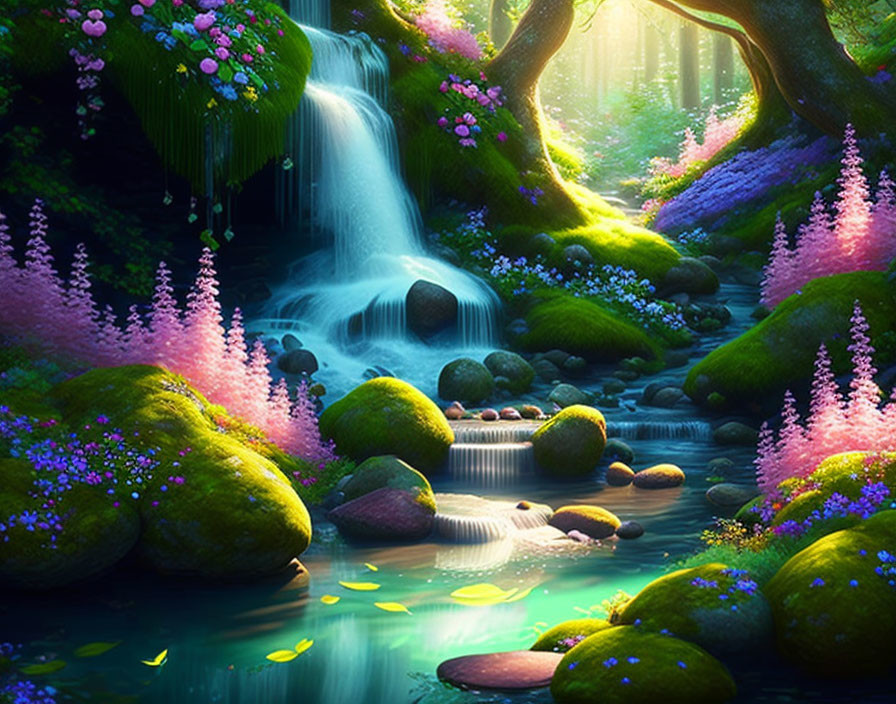 Fantasy forest with waterfall, lush greenery, moss-covered stones, colorful flowers