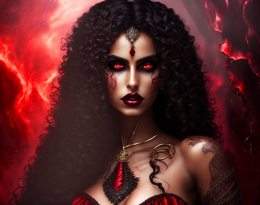 Striking woman with red eyes, black curls, dark makeup, jewelry, and tattoos on fiery background