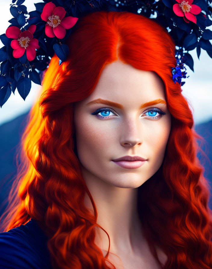 Woman with Red Hair and Blue Eyes Wearing Flower Wreath