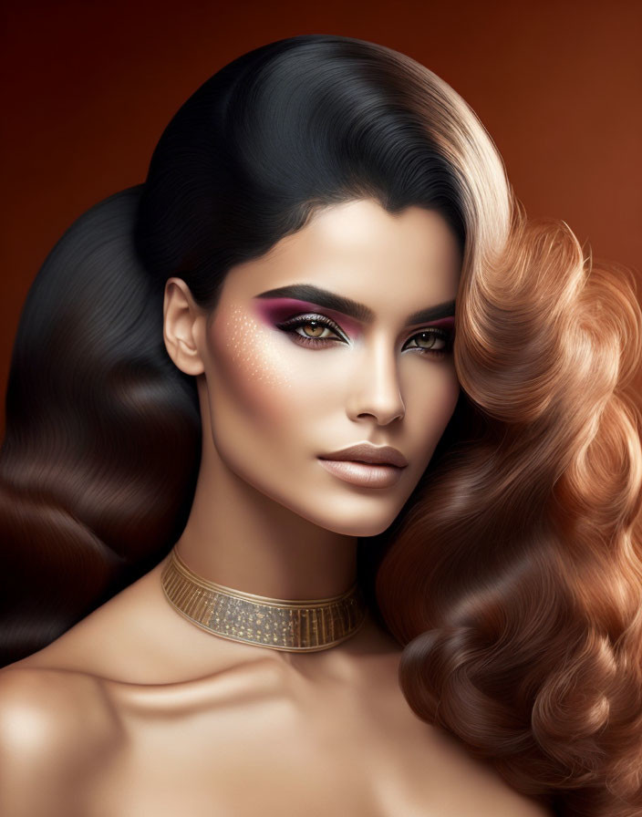 Voluminous Bicolored Hair and Striking Makeup Portrait