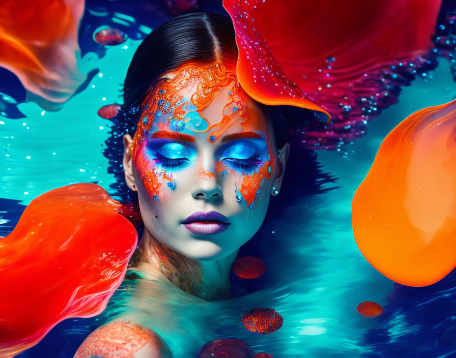 Woman with vibrant makeup and petal-like body art submerged in colorful water